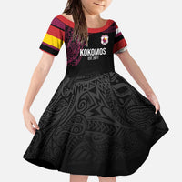 Queensland Papua New Guinea Custom Family Matching Off The Shoulder Long Sleeve Dress and Hawaiian Shirt All Black Pacific PNG Tribal Style