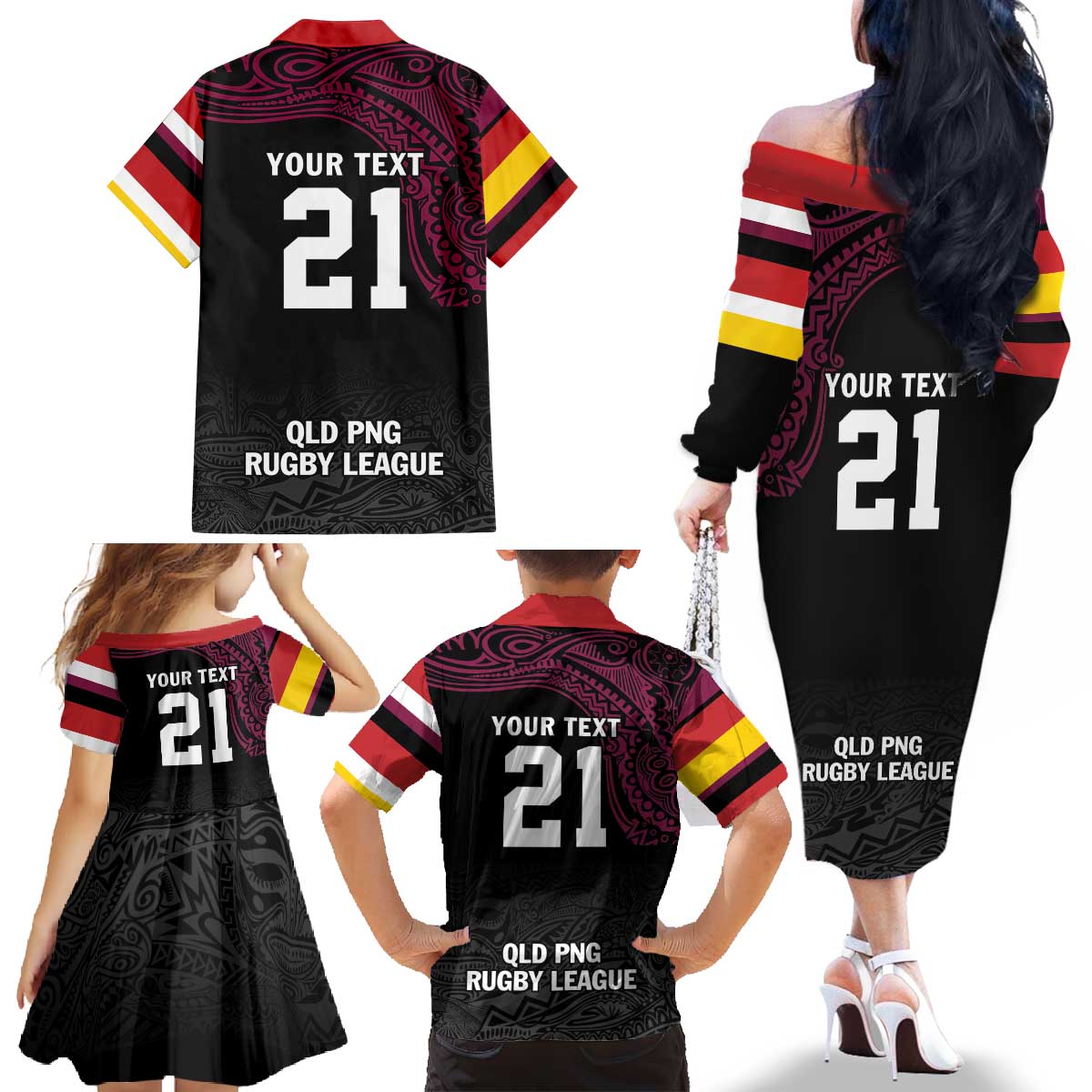 Queensland Papua New Guinea Custom Family Matching Off The Shoulder Long Sleeve Dress and Hawaiian Shirt All Black Pacific PNG Tribal Style
