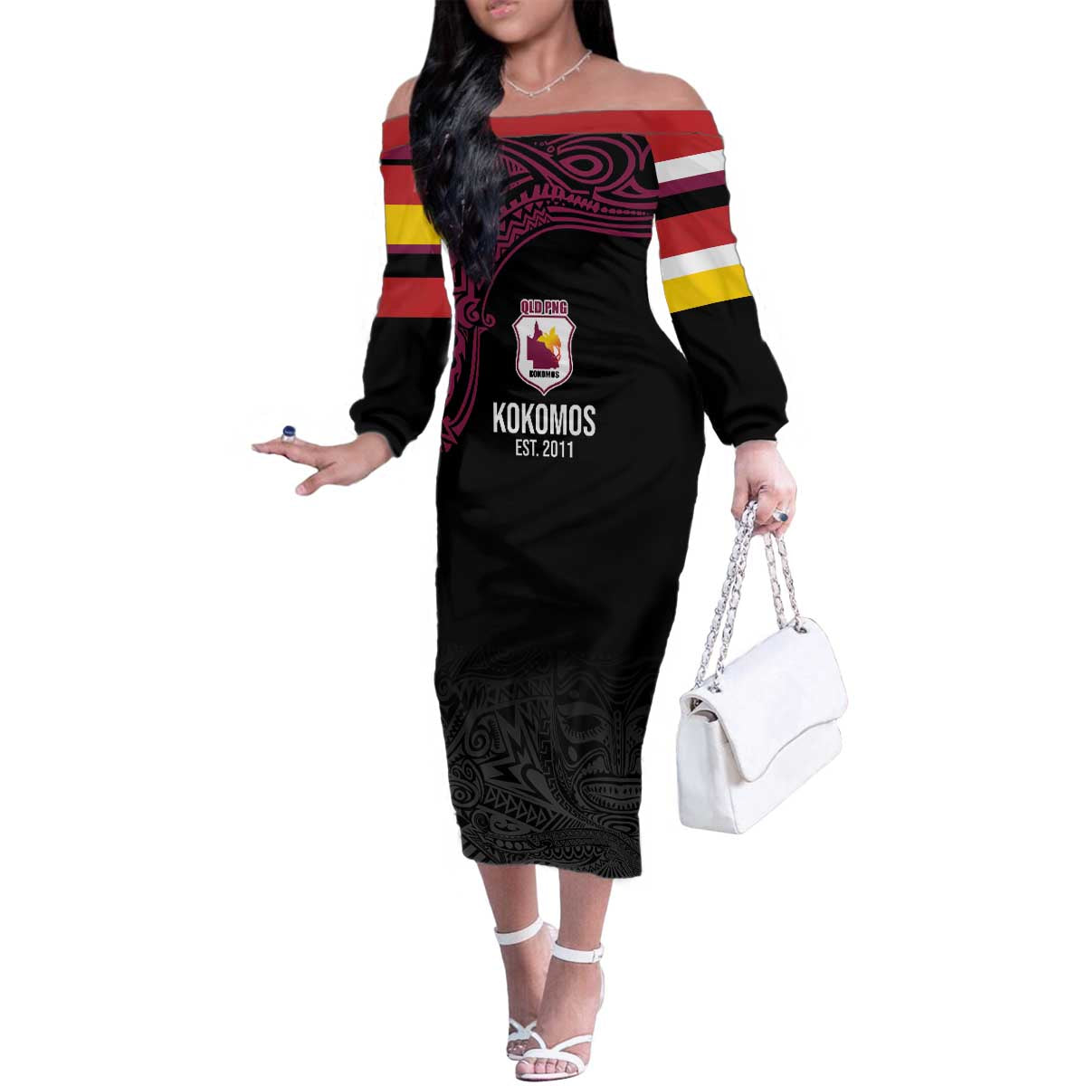 Queensland Papua New Guinea Custom Family Matching Off The Shoulder Long Sleeve Dress and Hawaiian Shirt All Black Pacific PNG Tribal Style