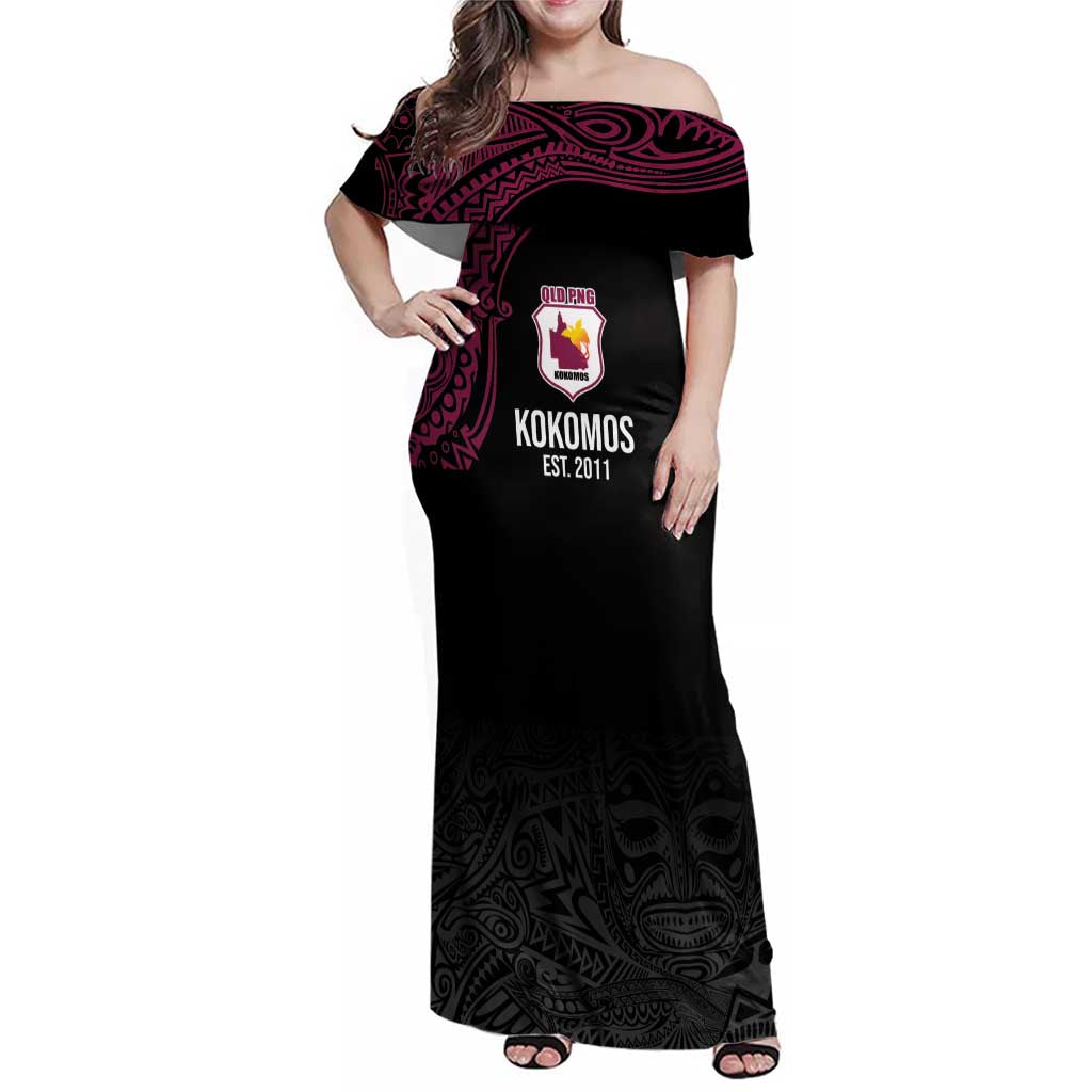Queensland Papua New Guinea Custom Family Matching Off Shoulder Maxi Dress and Hawaiian Shirt All Black Pacific PNG Tribal Style