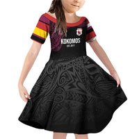 Queensland Papua New Guinea Custom Family Matching Off Shoulder Short Dress and Hawaiian Shirt All Black Pacific PNG Tribal Style