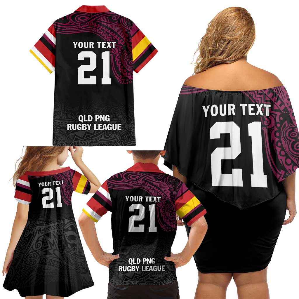 Queensland Papua New Guinea Custom Family Matching Off Shoulder Short Dress and Hawaiian Shirt All Black Pacific PNG Tribal Style