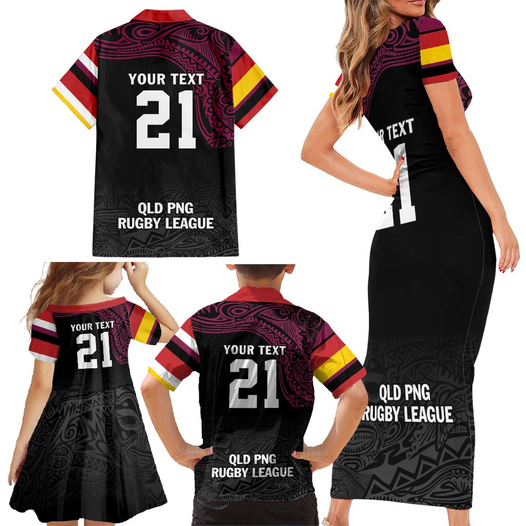 Queensland Papua New Guinea Custom Family Matching Short Sleeve Bodycon Dress and Hawaiian Shirt All Black Pacific PNG Tribal Style
