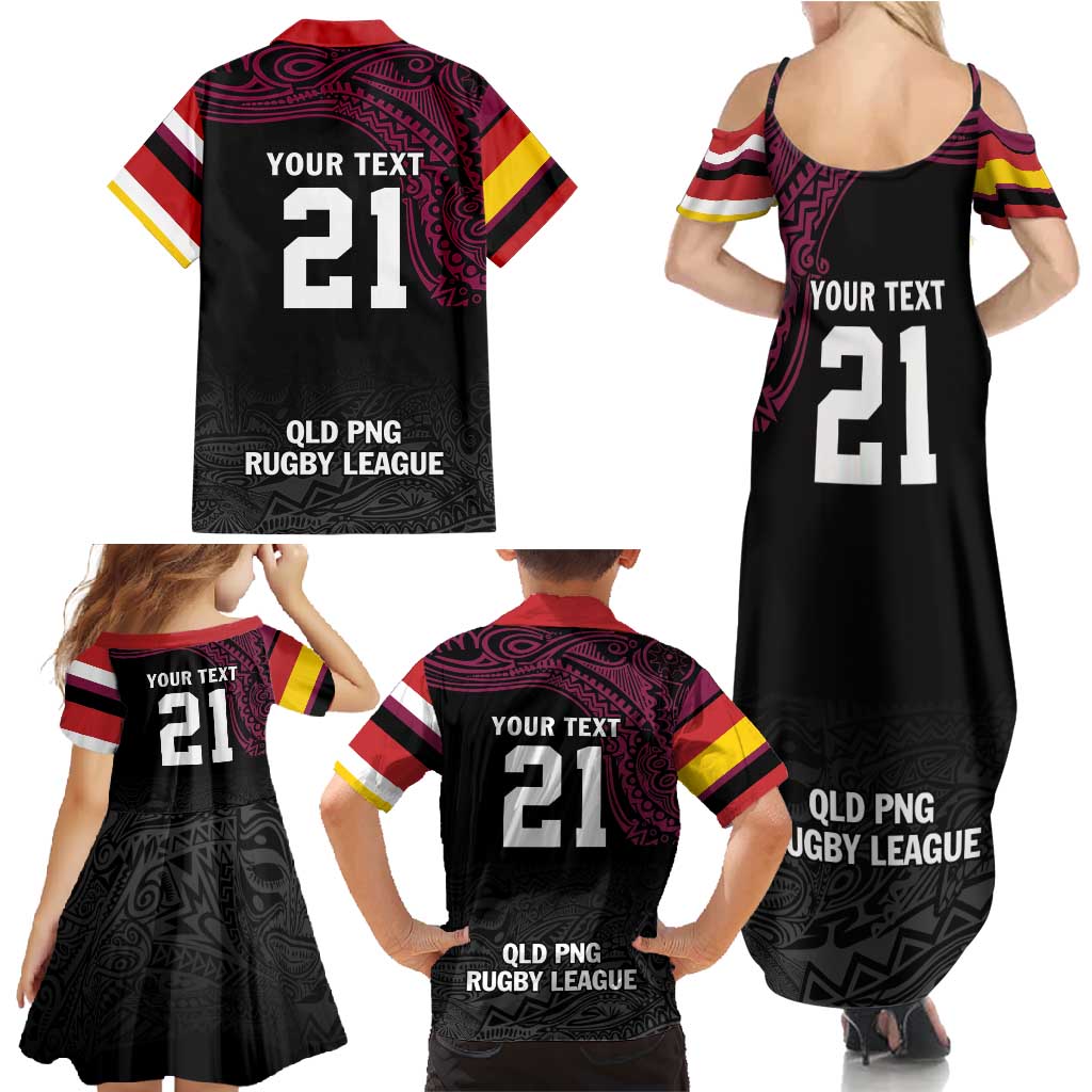 Queensland Papua New Guinea Custom Family Matching Summer Maxi Dress and Hawaiian Shirt All Black Pacific PNG Tribal Style