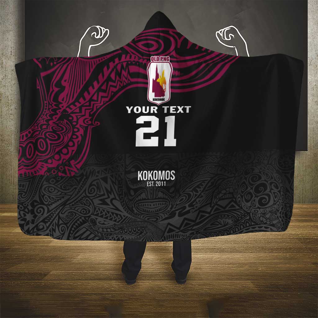 Queensland Papua New Guinea Custom Hooded Blanket All Black Pacific PNG Tribal Style