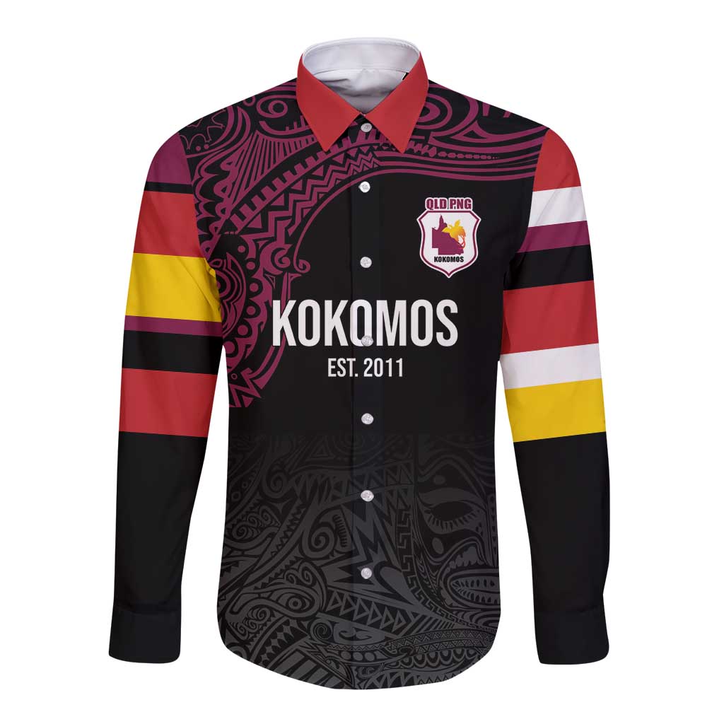 Queensland Papua New Guinea Custom Long Sleeve Button Shirt All Black Pacific PNG Tribal Style LT9 Unisex Black - Polynesian Pride