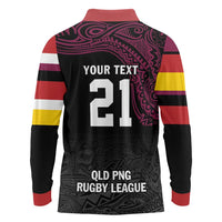 Queensland Papua New Guinea Custom Long Sleeve Polo Shirt All Black Pacific PNG Tribal Style