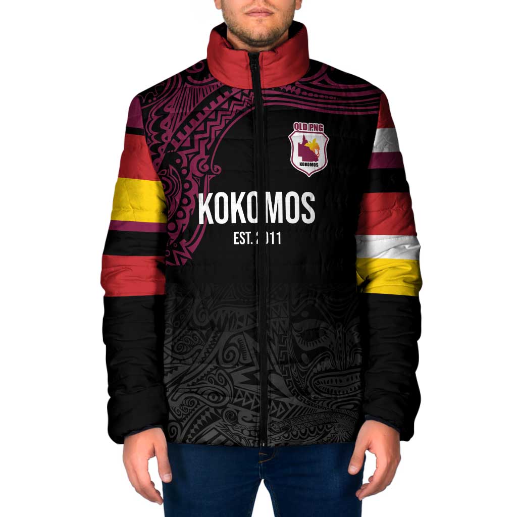 Queensland Papua New Guinea Custom Padded Jacket All Black Pacific PNG Tribal Style - Polynesian Pride