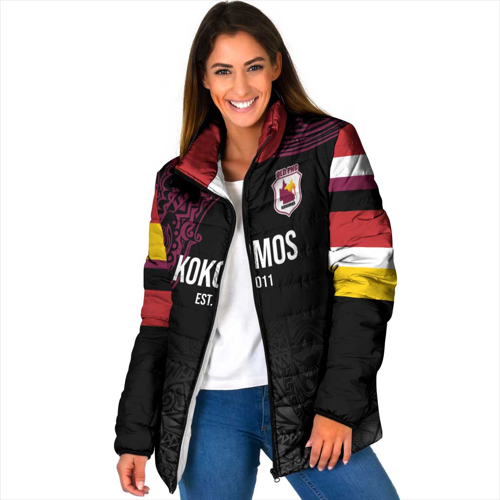 Queensland Papua New Guinea Custom Padded Jacket All Black Pacific PNG Tribal Style - Polynesian Pride