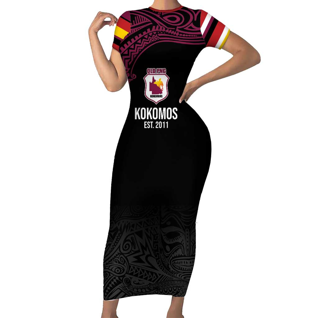 Queensland Papua New Guinea Custom Short Sleeve Bodycon Dress All Black Pacific PNG Tribal Style