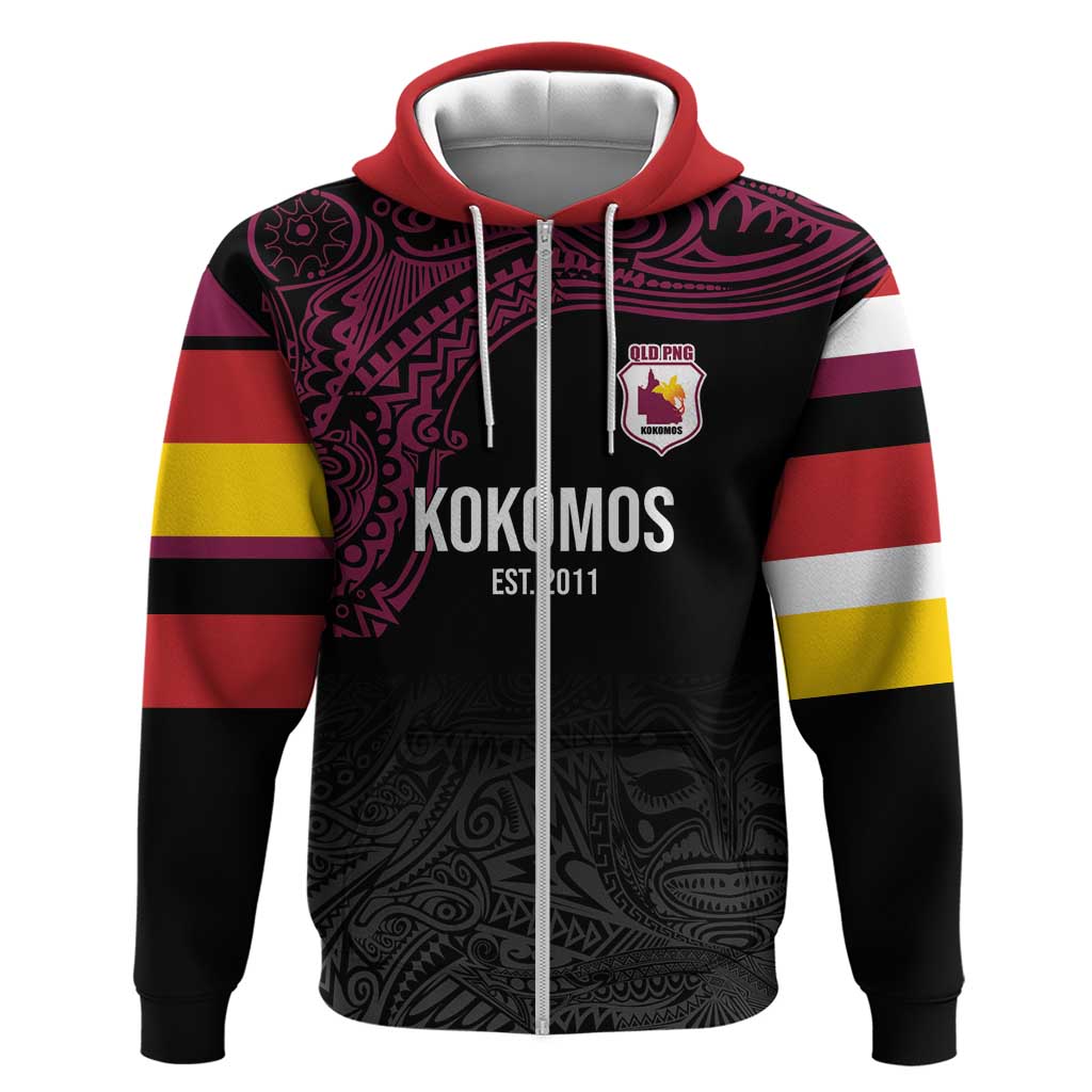 Queensland Papua New Guinea Custom Zip Hoodie All Black Pacific PNG Tribal Style