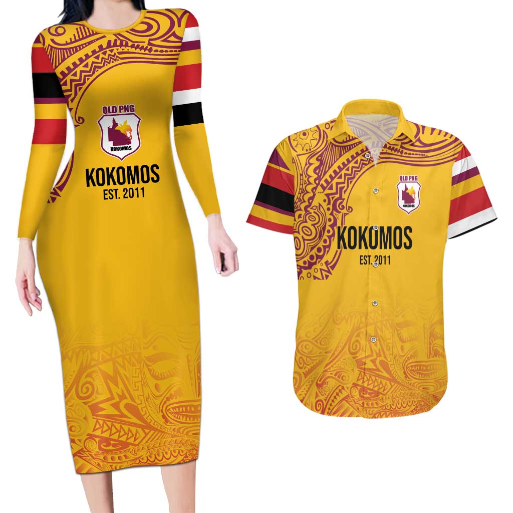 Queensland Papua New Guinea Custom Couples Matching Long Sleeve Bodycon Dress and Hawaiian Shirt All Gold Pacific PNG Tribal Style LT9 Gold - Polynesian Pride