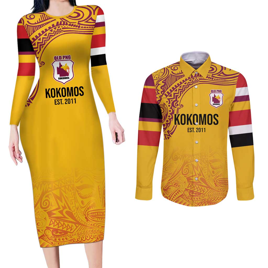 Queensland Papua New Guinea Custom Couples Matching Long Sleeve Bodycon Dress and Long Sleeve Button Shirt All Gold Pacific PNG Tribal Style LT9 Gold - Polynesian Pride