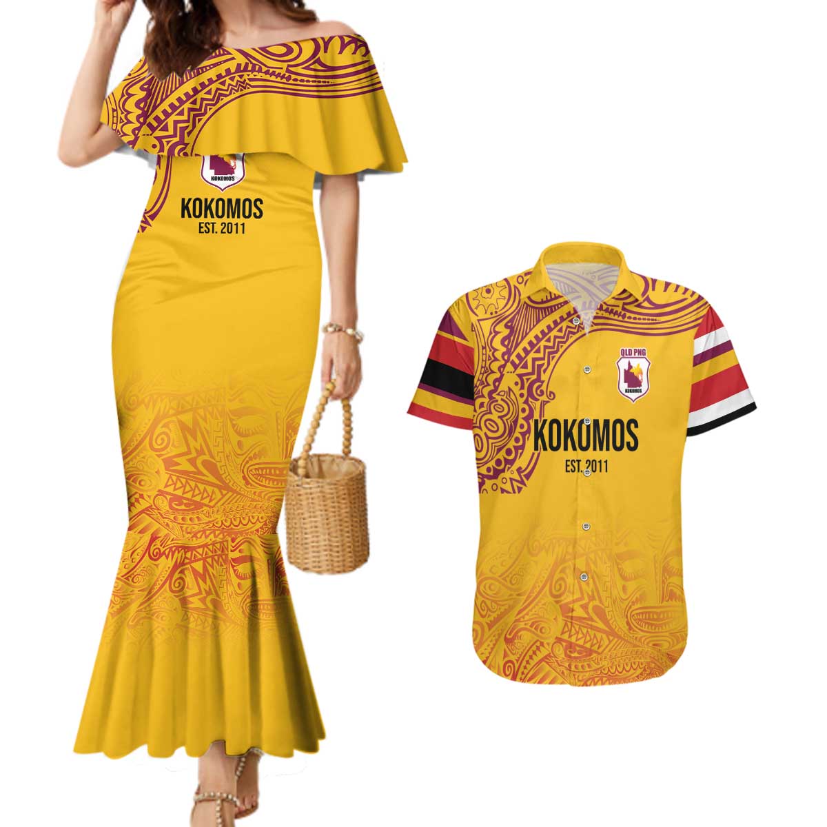 Queensland Papua New Guinea Custom Couples Matching Mermaid Dress and Hawaiian Shirt All Gold Pacific PNG Tribal Style LT9 Gold - Polynesian Pride