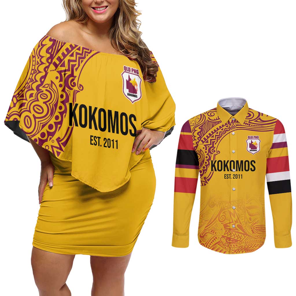 Queensland Papua New Guinea Custom Couples Matching Off Shoulder Short Dress and Long Sleeve Button Shirt All Gold Pacific PNG Tribal Style LT9 Gold - Polynesian Pride