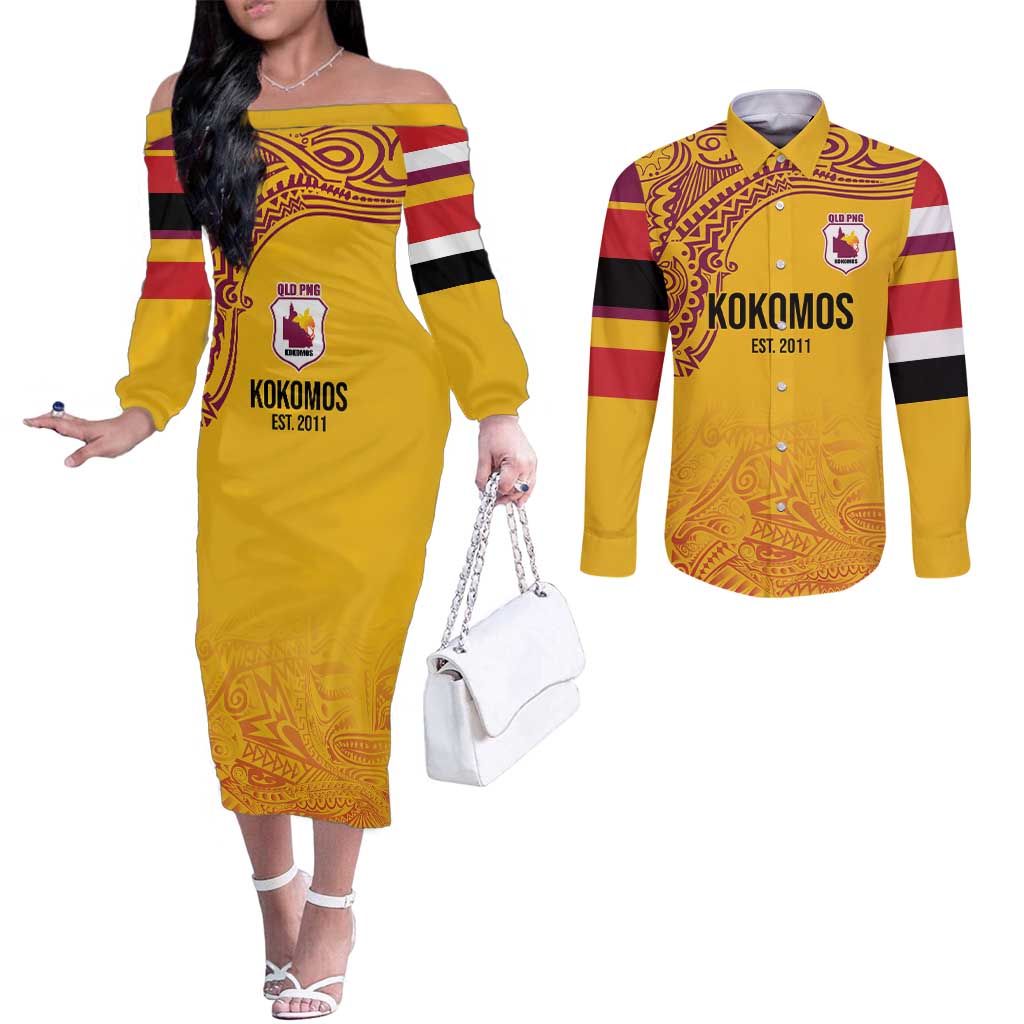 Queensland Papua New Guinea Custom Couples Matching Off The Shoulder Long Sleeve Dress and Long Sleeve Button Shirt All Gold Pacific PNG Tribal Style LT9 Gold - Polynesian Pride