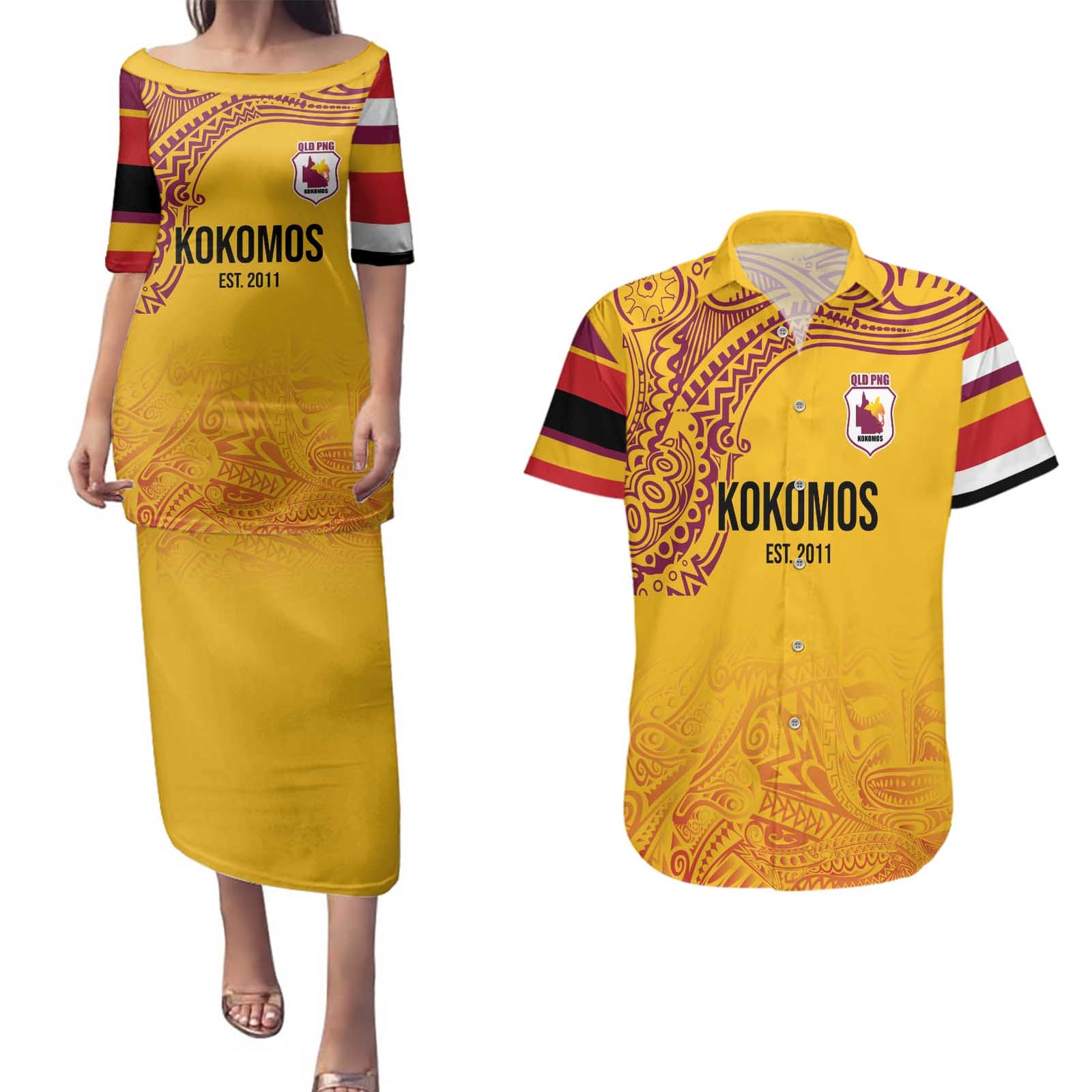 Queensland Papua New Guinea Custom Couples Matching Puletasi and Hawaiian Shirt All Gold Pacific PNG Tribal Style LT9 Gold - Polynesian Pride