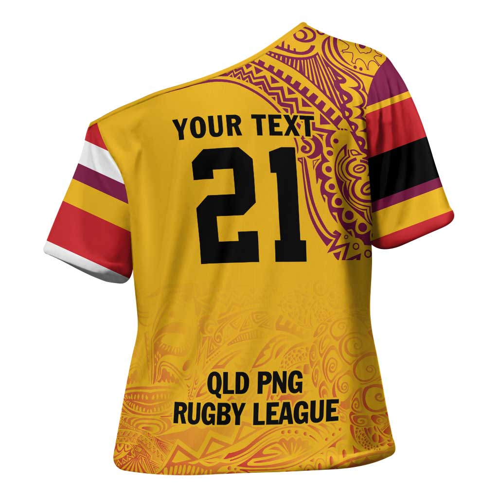 Queensland Papua New Guinea Custom Cross Shoulder Shirt All Gold Pacific PNG Tribal Style - Polynesian Pride