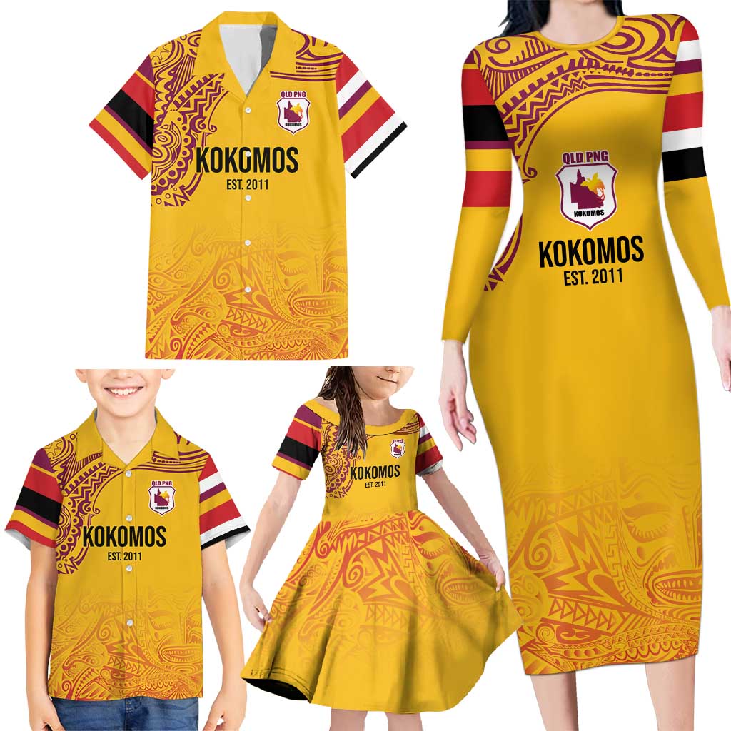 Queensland Papua New Guinea Custom Family Matching Long Sleeve Bodycon Dress and Hawaiian Shirt All Gold Pacific PNG Tribal Style LT9 - Polynesian Pride