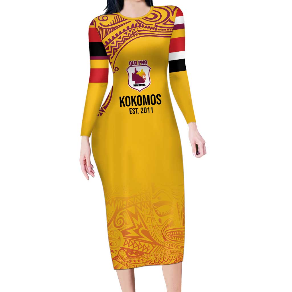 Queensland Papua New Guinea Custom Family Matching Long Sleeve Bodycon Dress and Hawaiian Shirt All Gold Pacific PNG Tribal Style