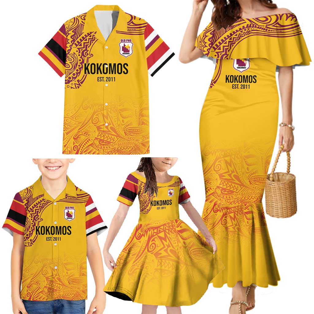 Queensland Papua New Guinea Custom Family Matching Mermaid Dress and Hawaiian Shirt All Gold Pacific PNG Tribal Style LT9 - Polynesian Pride