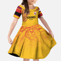 Queensland Papua New Guinea Custom Family Matching Off The Shoulder Long Sleeve Dress and Hawaiian Shirt All Gold Pacific PNG Tribal Style