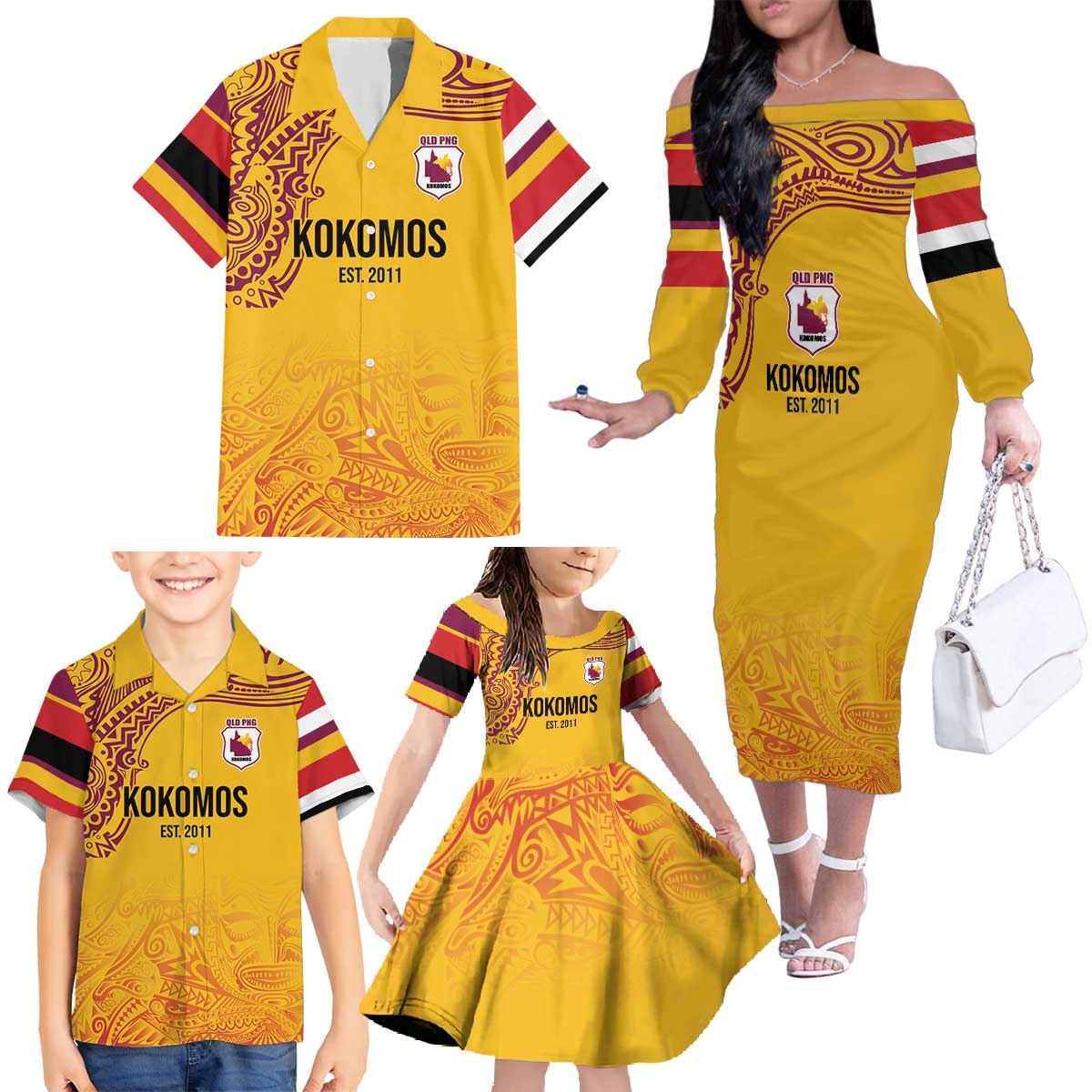 Queensland Papua New Guinea Custom Family Matching Off The Shoulder Long Sleeve Dress and Hawaiian Shirt All Gold Pacific PNG Tribal Style LT9 - Polynesian Pride