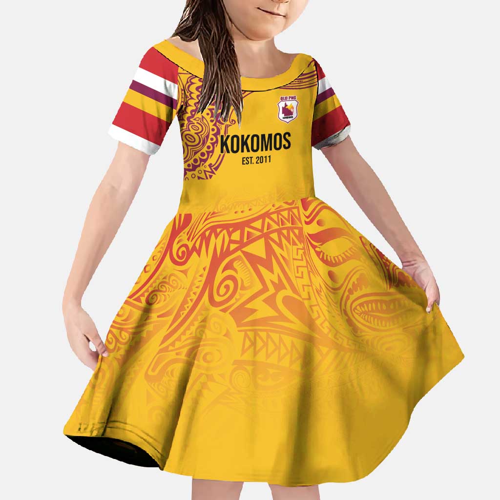 Queensland Papua New Guinea Custom Family Matching Off Shoulder Maxi Dress and Hawaiian Shirt All Gold Pacific PNG Tribal Style