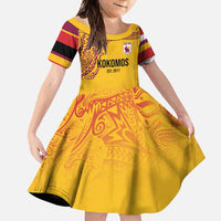 Queensland Papua New Guinea Custom Family Matching Short Sleeve Bodycon Dress and Hawaiian Shirt All Gold Pacific PNG Tribal Style