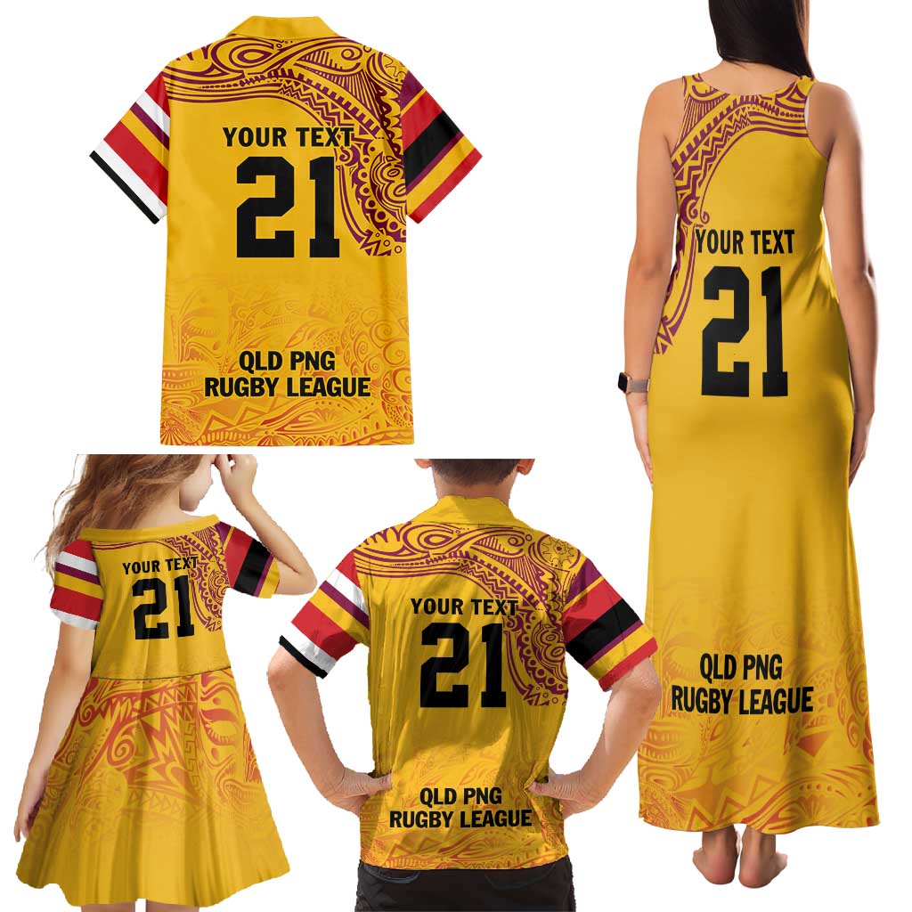 Queensland Papua New Guinea Custom Family Matching Tank Maxi Dress and Hawaiian Shirt All Gold Pacific PNG Tribal Style