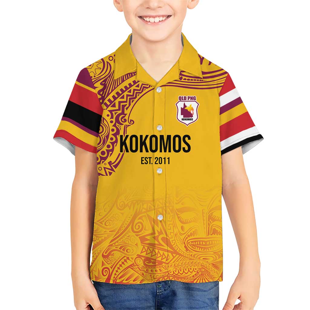 Queensland Papua New Guinea Custom Kid Hawaiian Shirt All Gold Pacific PNG Tribal Style
