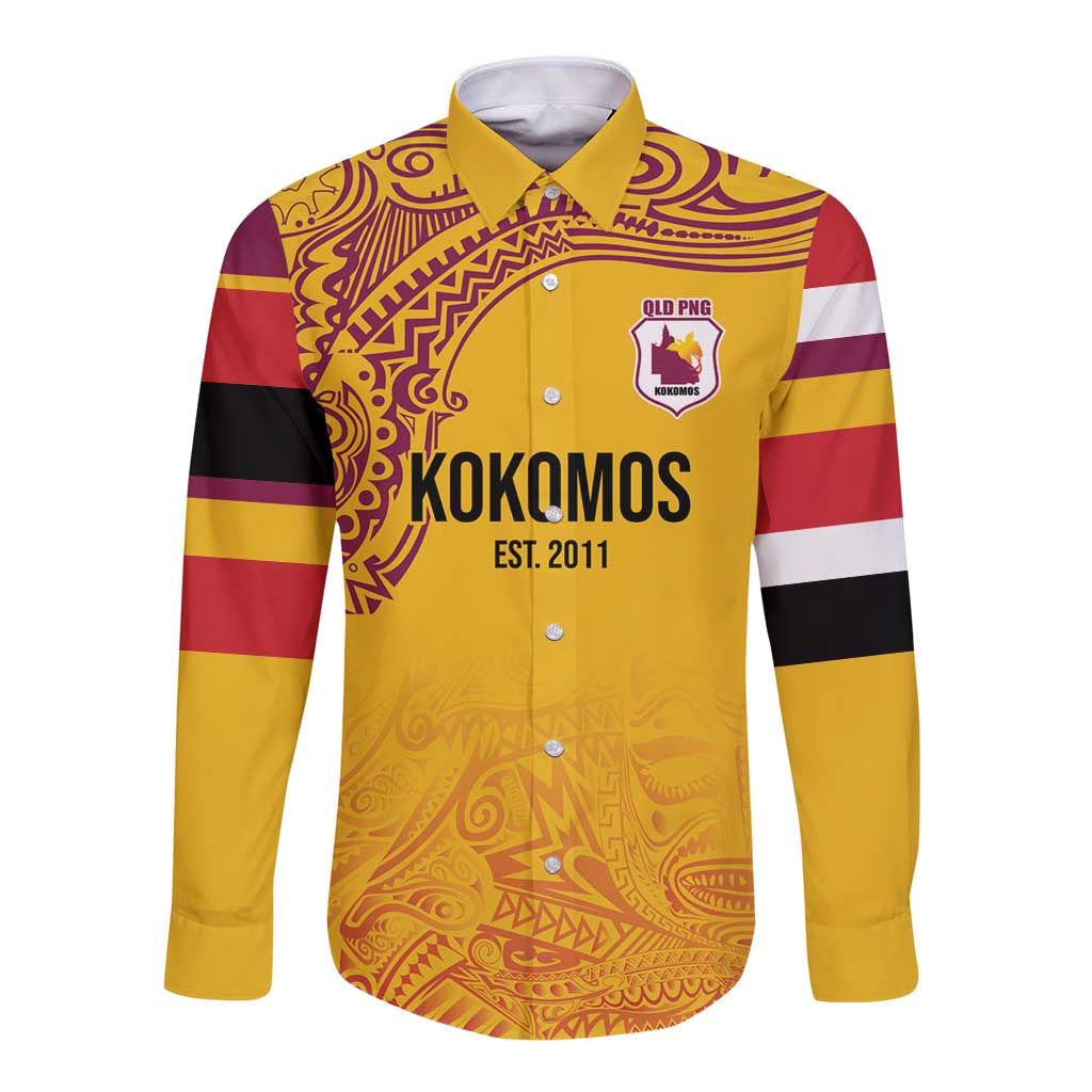 Queensland Papua New Guinea Custom Long Sleeve Button Shirt All Gold Pacific PNG Tribal Style LT9 Unisex Gold - Polynesian Pride