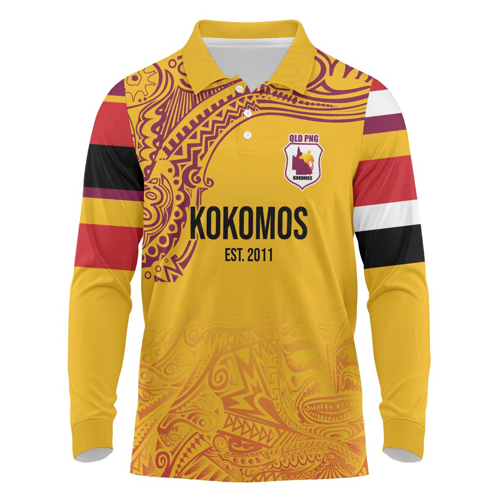 Queensland Papua New Guinea Custom Long Sleeve Polo Shirt All Gold Pacific PNG Tribal Style