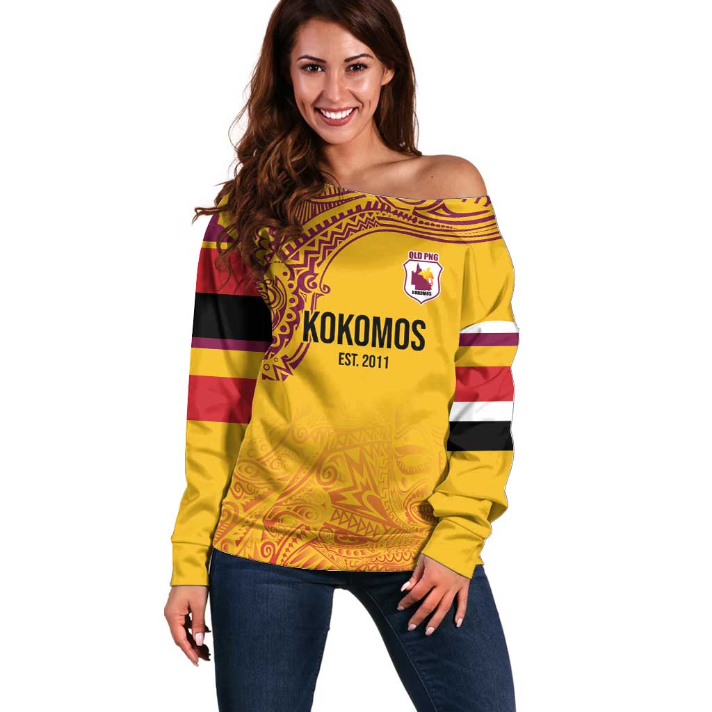 Queensland Papua New Guinea Custom Off Shoulder Sweater All Gold Pacific PNG Tribal Style