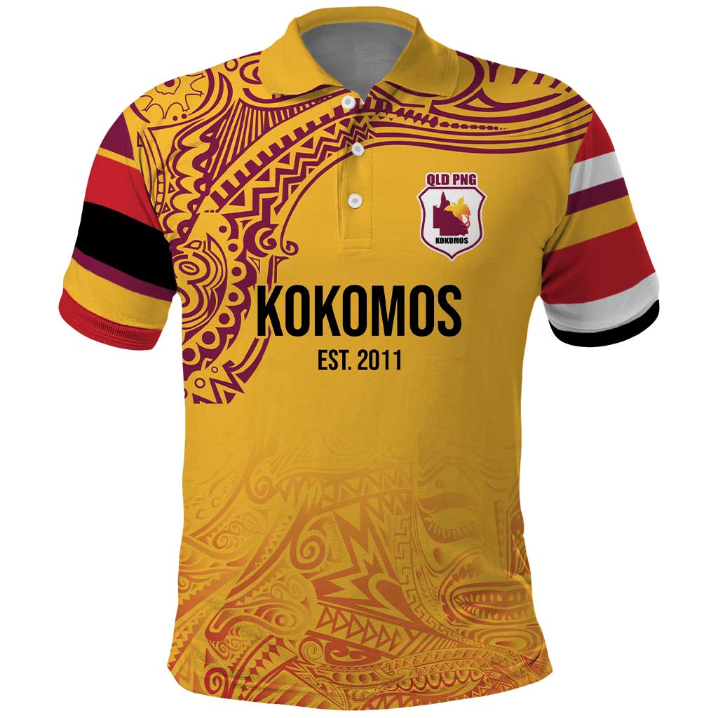 Queensland Papua New Guinea Custom Polo Shirt All Gold Pacific PNG Tribal Style