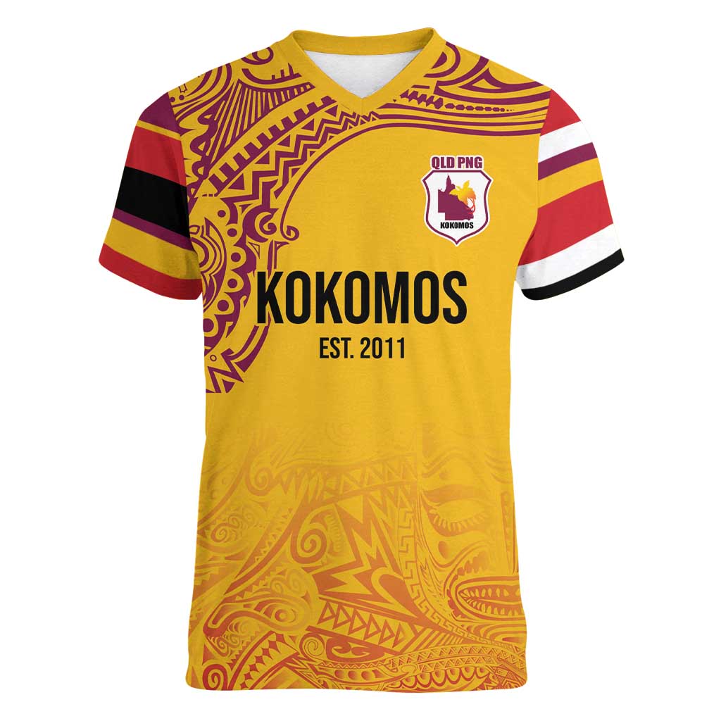 Queensland Papua New Guinea Custom Women V-Neck T-Shirt All Gold Pacific PNG Tribal Style