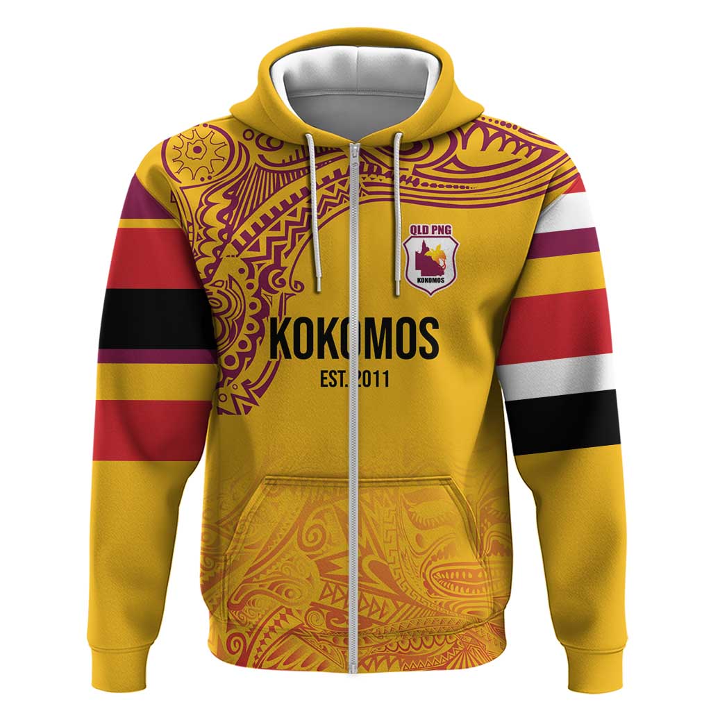 Queensland Papua New Guinea Custom Zip Hoodie All Gold Pacific PNG Tribal Style