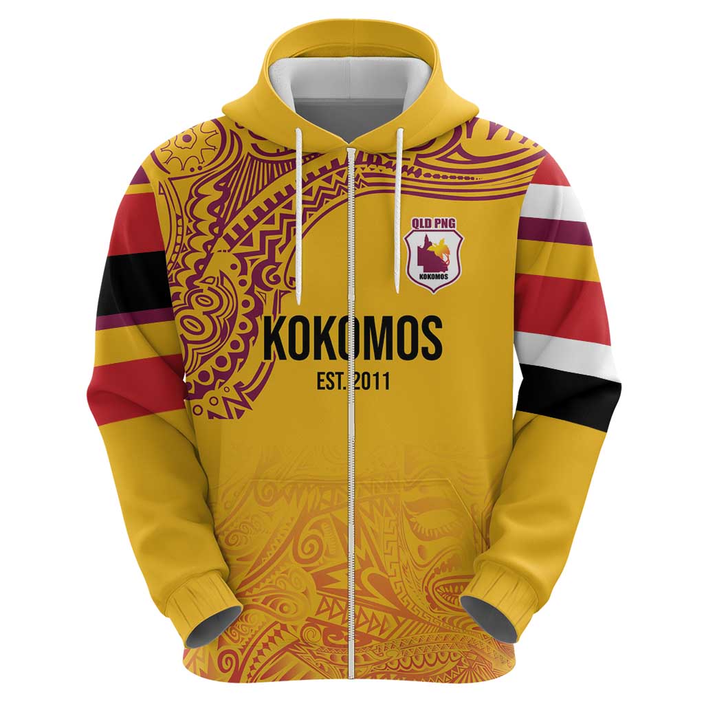 Queensland Papua New Guinea Custom Zip Hoodie All Gold Pacific PNG Tribal Style