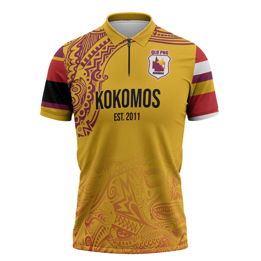 Queensland Papua New Guinea Custom Zipper Polo Shirt All Gold Pacific PNG Tribal Style - Polynesian Pride