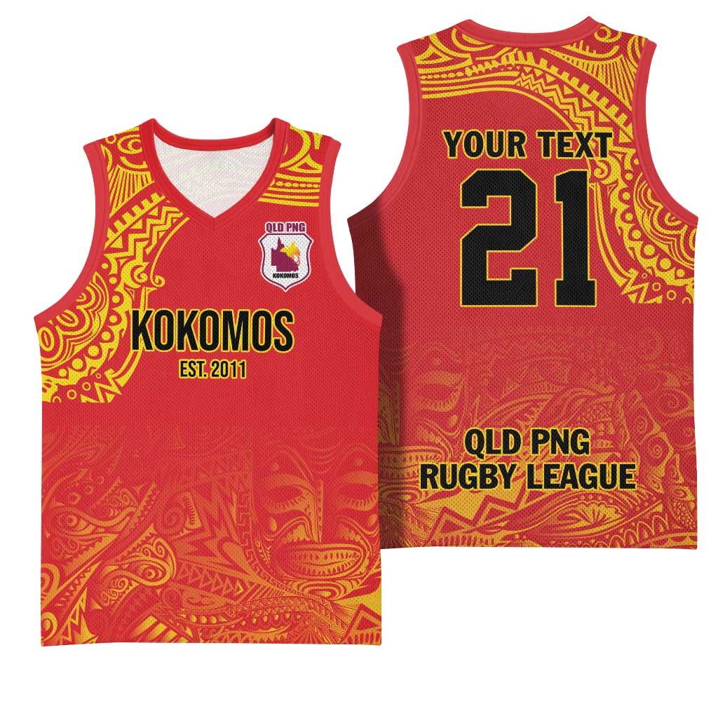 Queensland Papua New Guinea Custom Basketball Jersey All Red Pacific PNG Tribal Style - Polynesian Pride