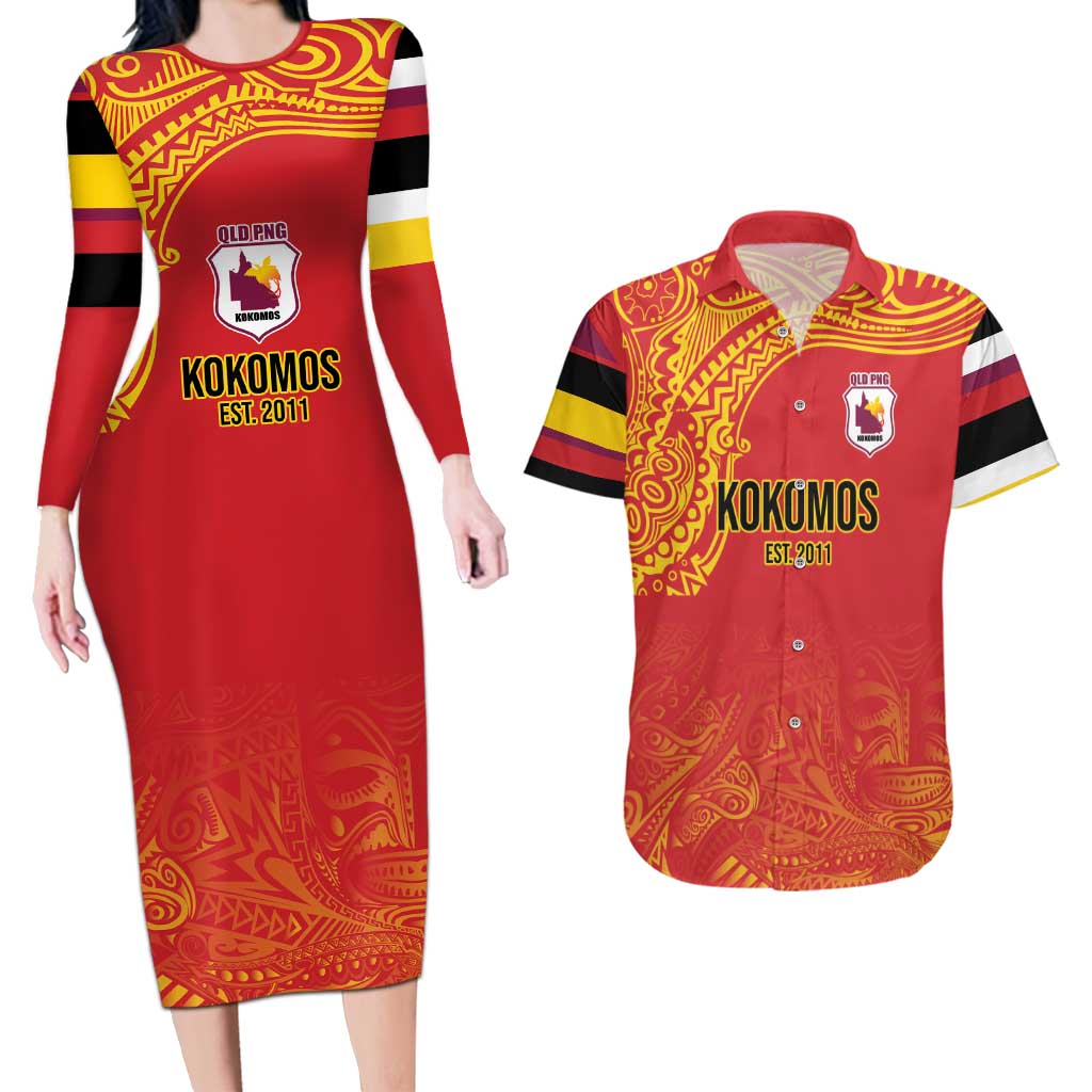 Queensland Papua New Guinea Custom Couples Matching Long Sleeve Bodycon Dress and Hawaiian Shirt All Red Pacific PNG Tribal Style LT9 Red - Polynesian Pride