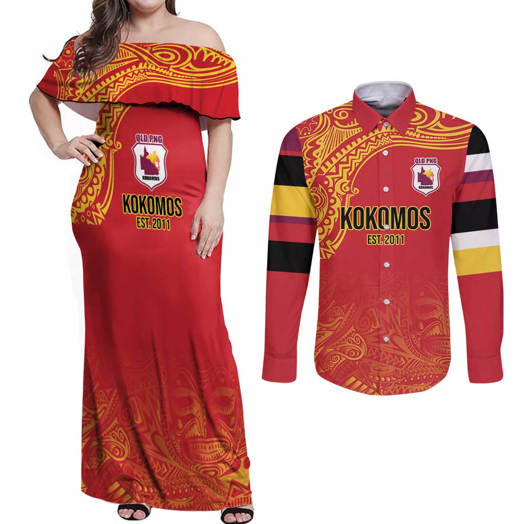 Queensland Papua New Guinea Custom Couples Matching Off Shoulder Maxi Dress and Long Sleeve Button Shirt All Red Pacific PNG Tribal Style