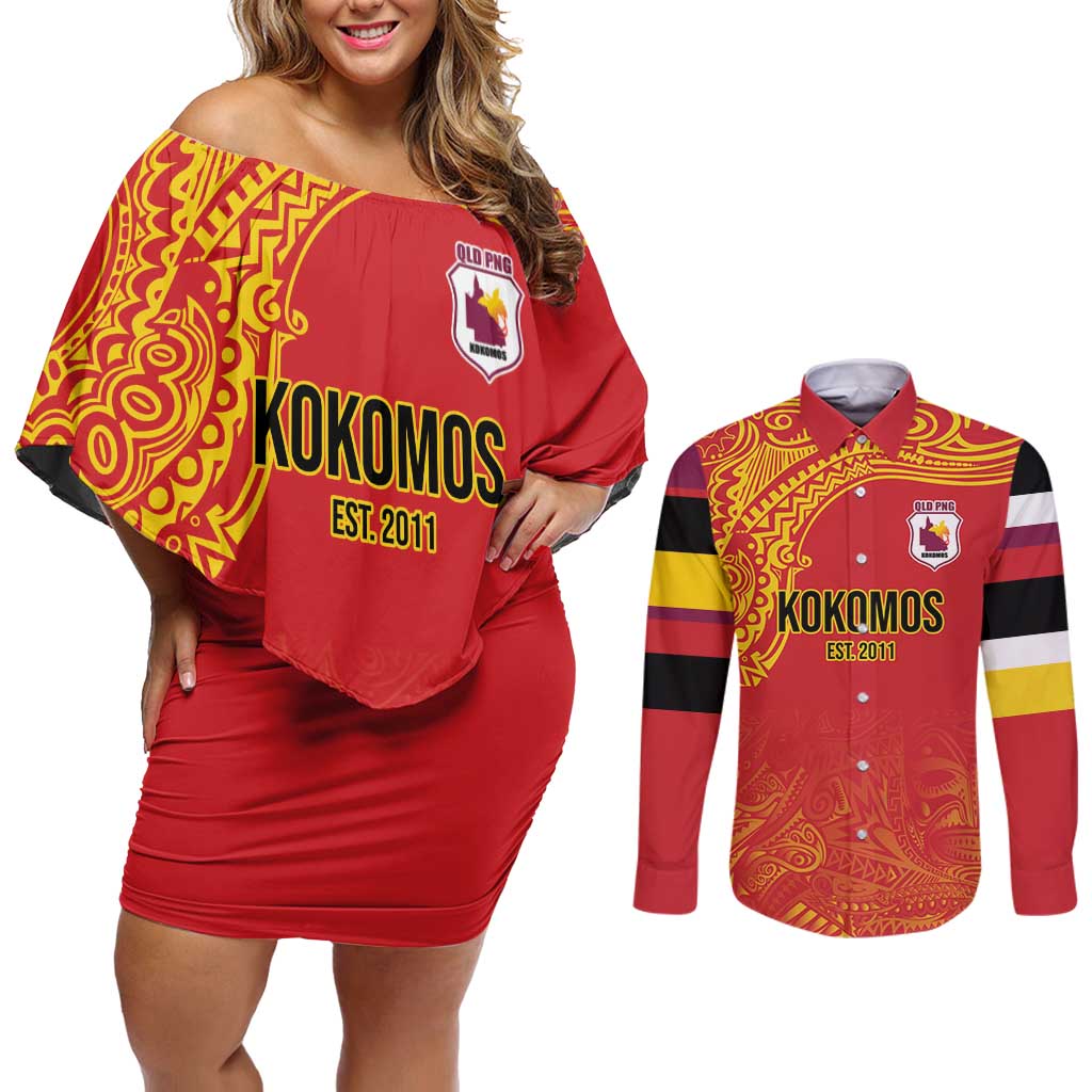 Queensland Papua New Guinea Custom Couples Matching Off Shoulder Short Dress and Long Sleeve Button Shirt All Red Pacific PNG Tribal Style