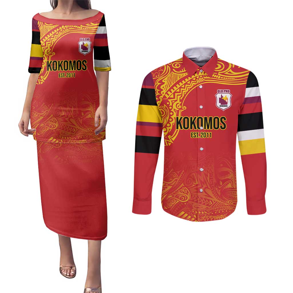 Queensland Papua New Guinea Custom Couples Matching Puletasi and Long Sleeve Button Shirt All Red Pacific PNG Tribal Style