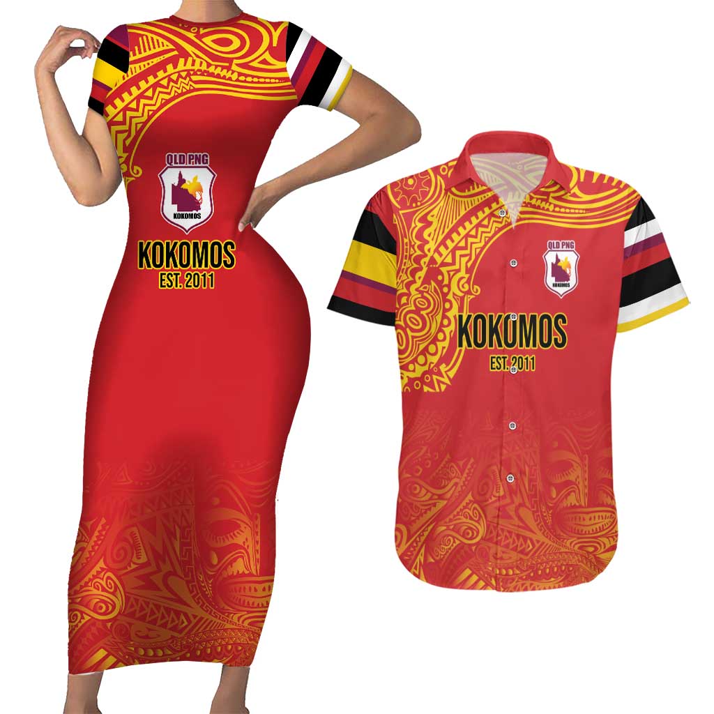 Queensland Papua New Guinea Custom Couples Matching Short Sleeve Bodycon Dress and Hawaiian Shirt All Red Pacific PNG Tribal Style