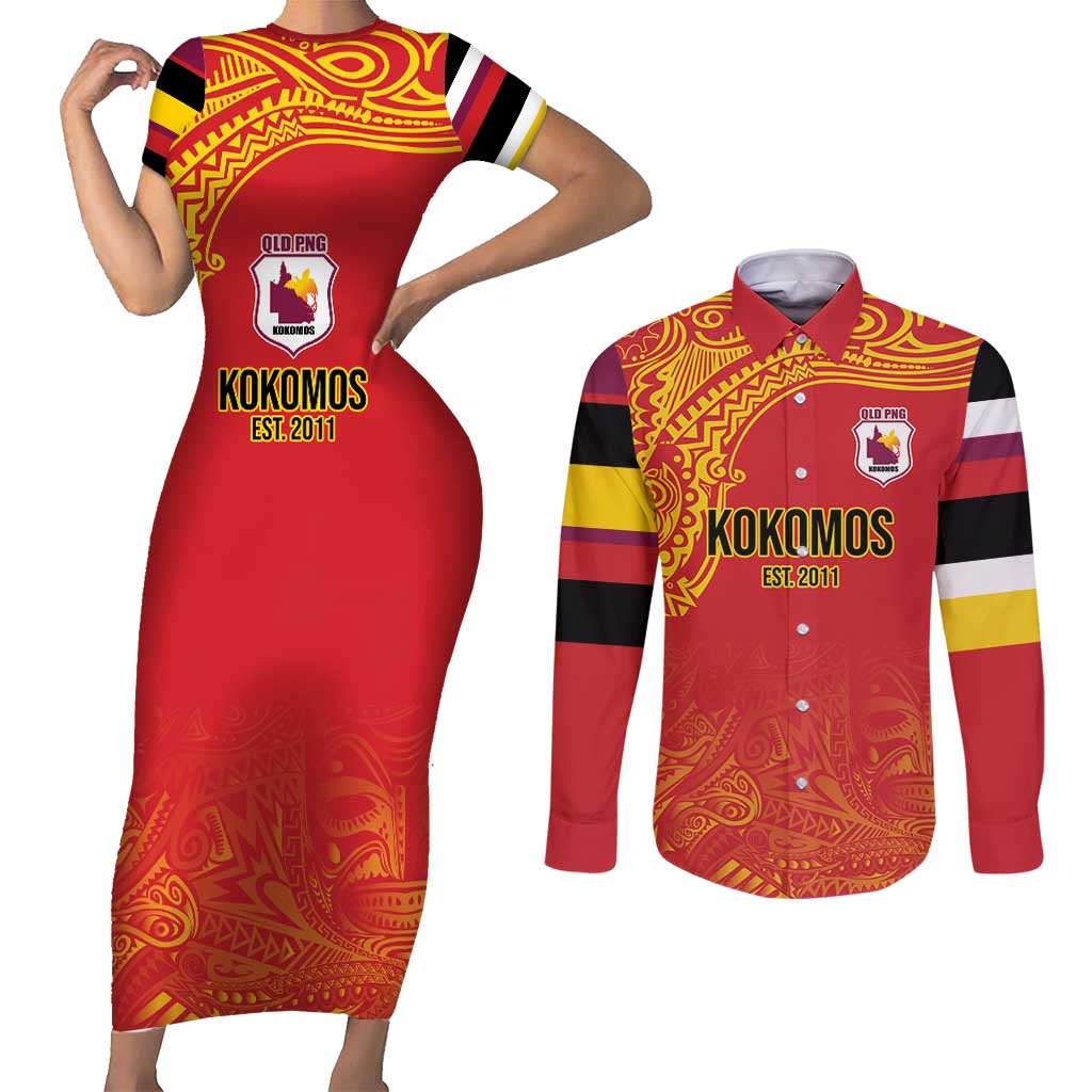 Queensland Papua New Guinea Custom Couples Matching Short Sleeve Bodycon Dress and Long Sleeve Button Shirt All Red Pacific PNG Tribal Style LT9 Red - Polynesian Pride