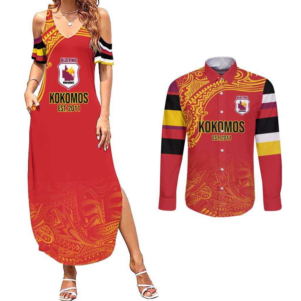 Queensland Papua New Guinea Custom Couples Matching Summer Maxi Dress and Long Sleeve Button Shirt All Red Pacific PNG Tribal Style