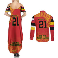 Queensland Papua New Guinea Custom Couples Matching Summer Maxi Dress and Long Sleeve Button Shirt All Red Pacific PNG Tribal Style