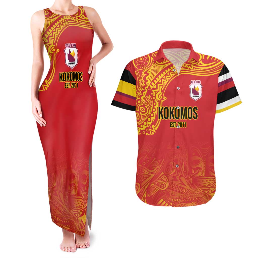 Queensland Papua New Guinea Custom Couples Matching Tank Maxi Dress and Hawaiian Shirt All Red Pacific PNG Tribal Style