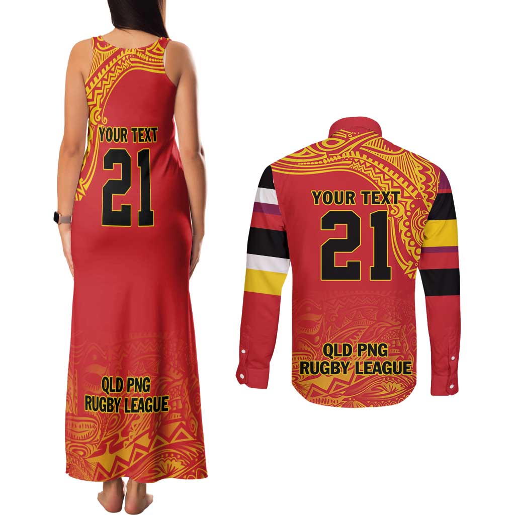Queensland Papua New Guinea Custom Couples Matching Tank Maxi Dress and Long Sleeve Button Shirt All Red Pacific PNG Tribal Style